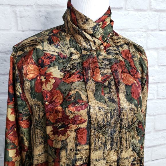 Vintage High Neck Gold Red Green Polyester Blouse Sz 6 - Picture 4 of 14